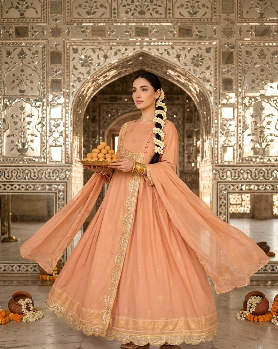 Sunehri Bloom-Peach Jacquard Anarkali with Sequins & Embroidery