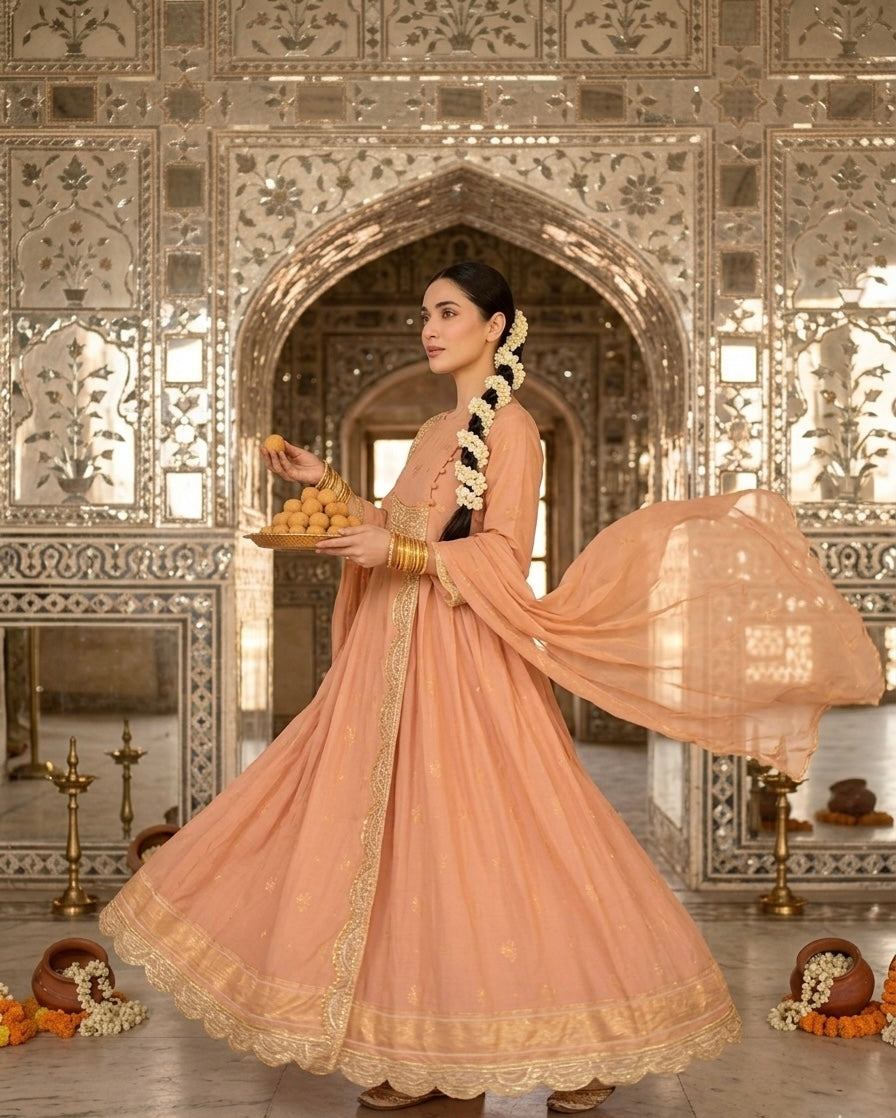 Sunehri Bloom-Peach Jacquard Anarkali with Sequins & Embroidery