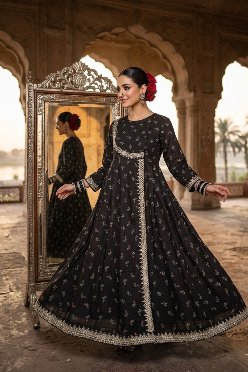 Raat Ki Raani- Onyx Black Floral Angrakha With Silver Zari