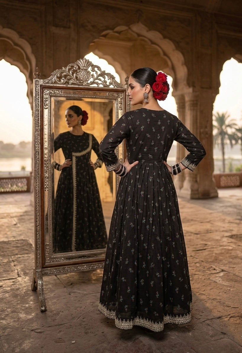 Raat Ki Raani- Onyx Black Floral Angrakha With Silver Zari