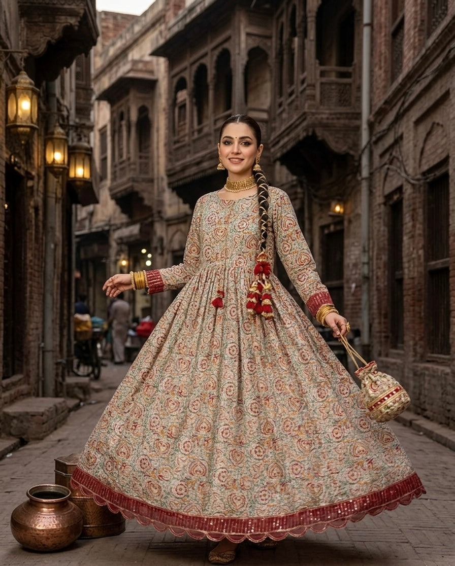 Heritage Heart- Earthy Ajrak-Inspired Printed Anarkali