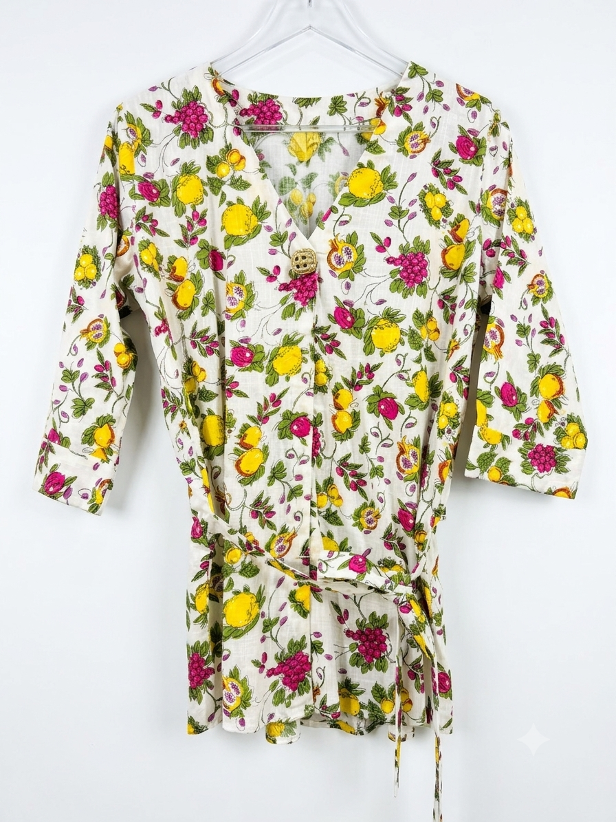 Citrus & Floral V-Neck Belted Short Tunic Dress
