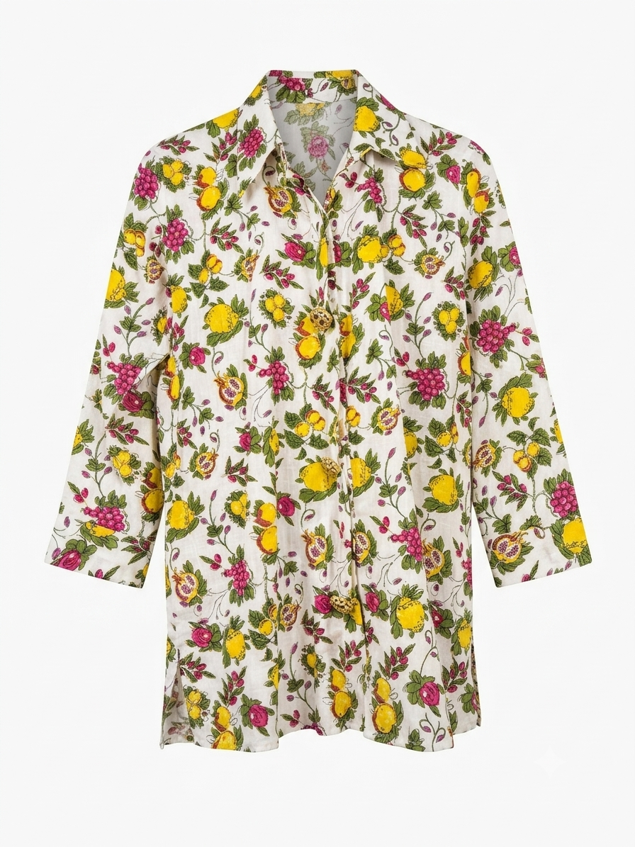 Citrus & Floral Collared Button-Front Tunic Shirt