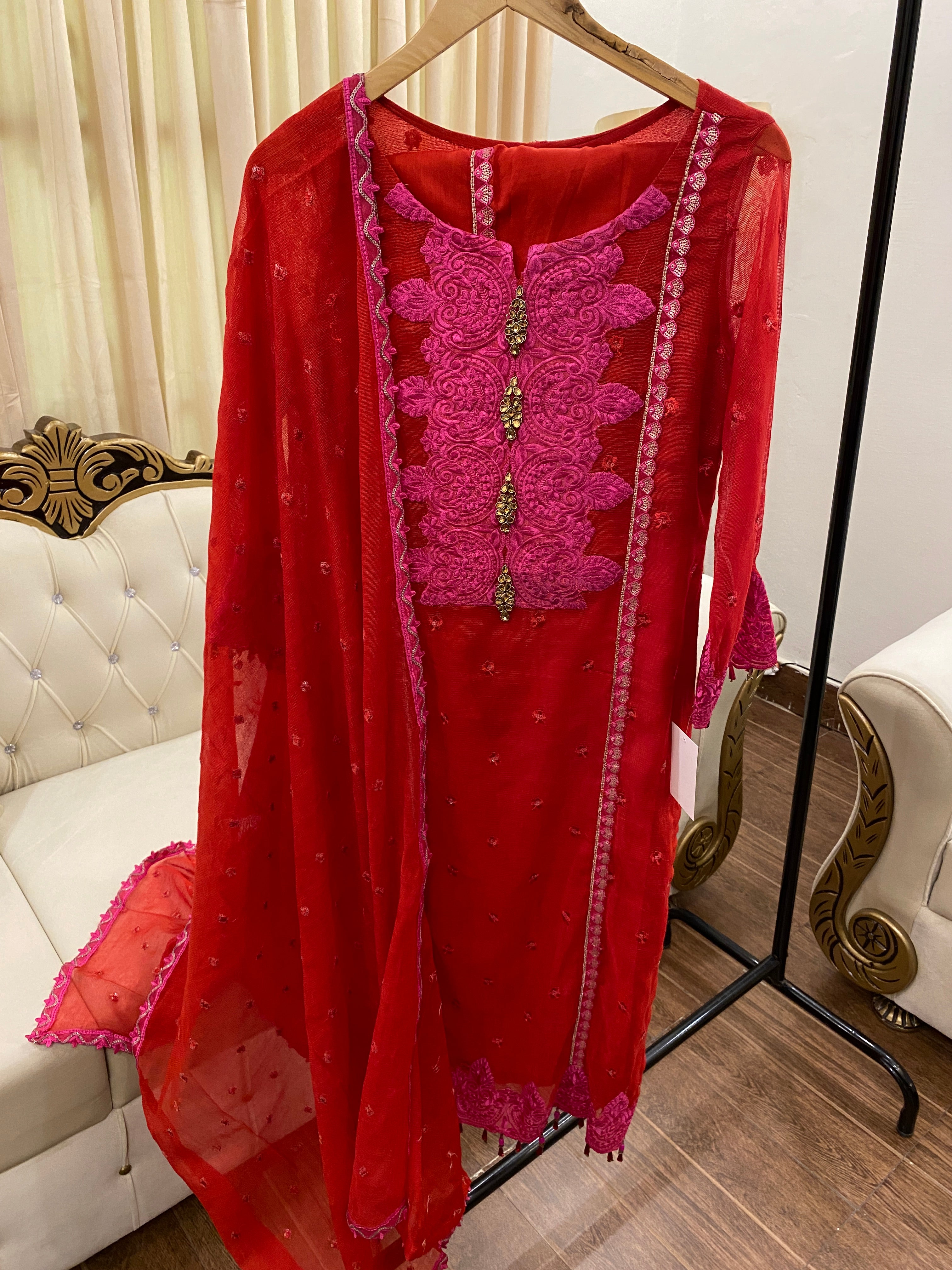 Crimson Elegance- Pure Cotton Net Ensemble