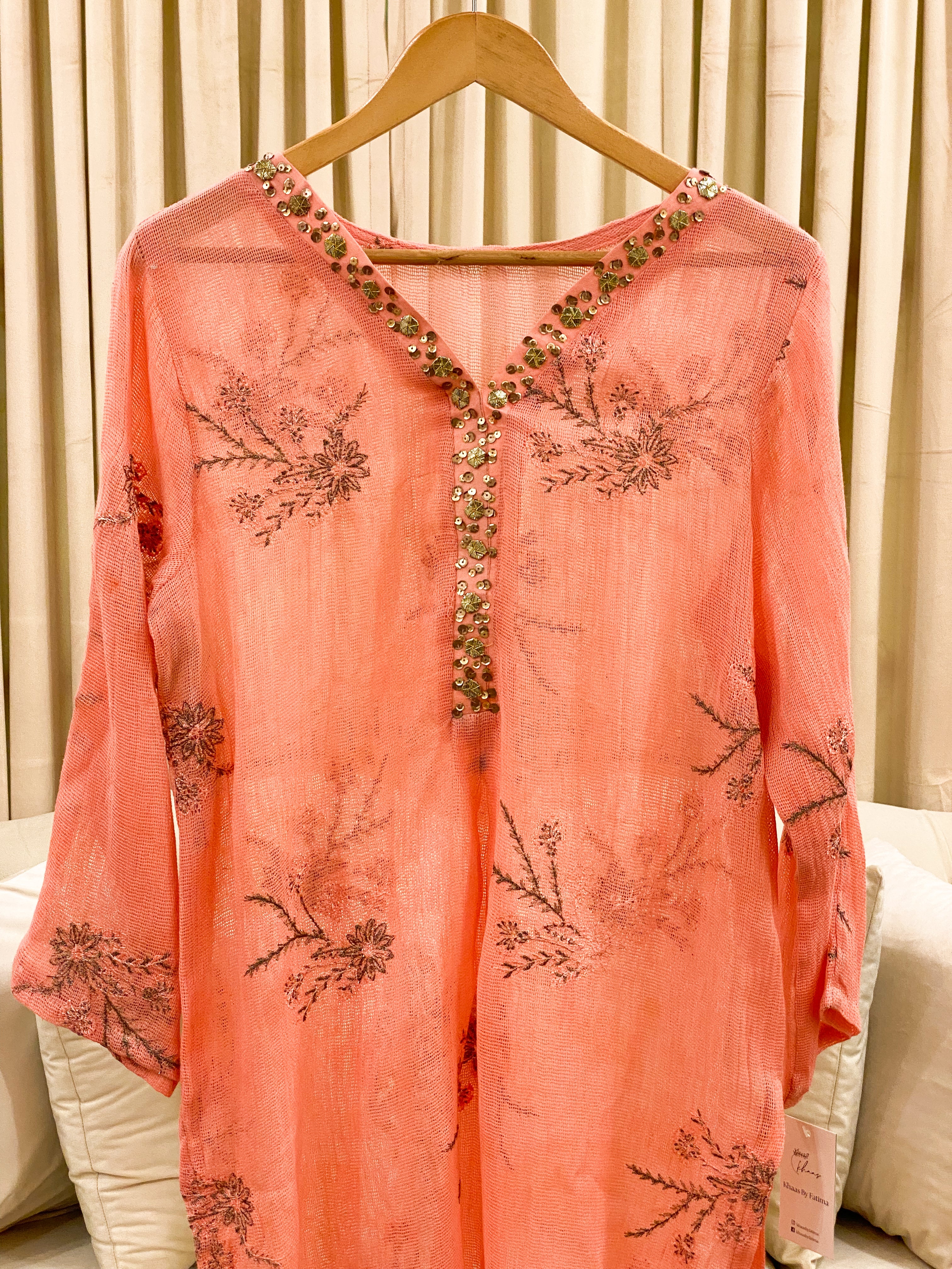Oriental Peach Embellished Net Kurta