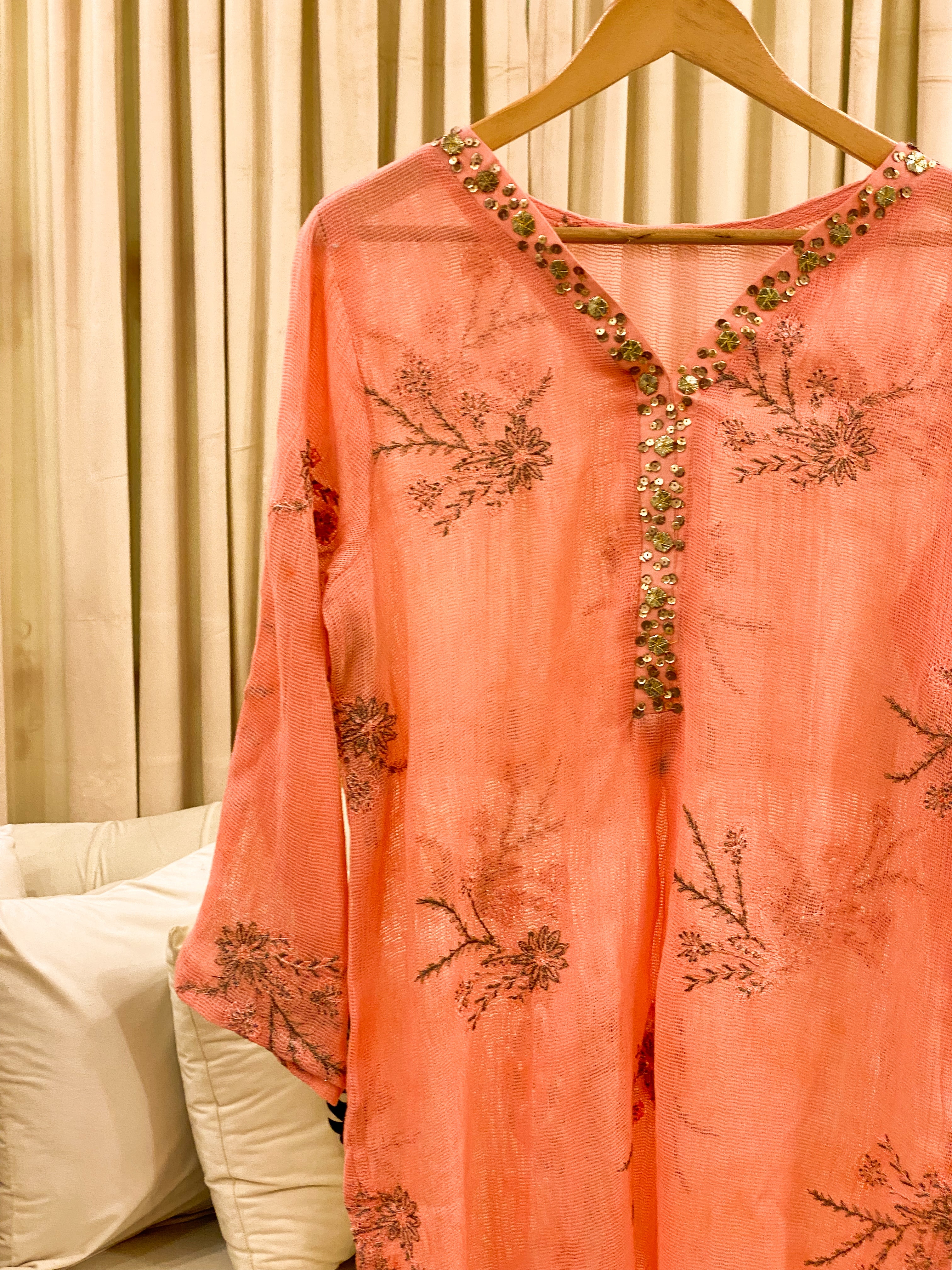 Oriental Peach Embellished Net Kurta