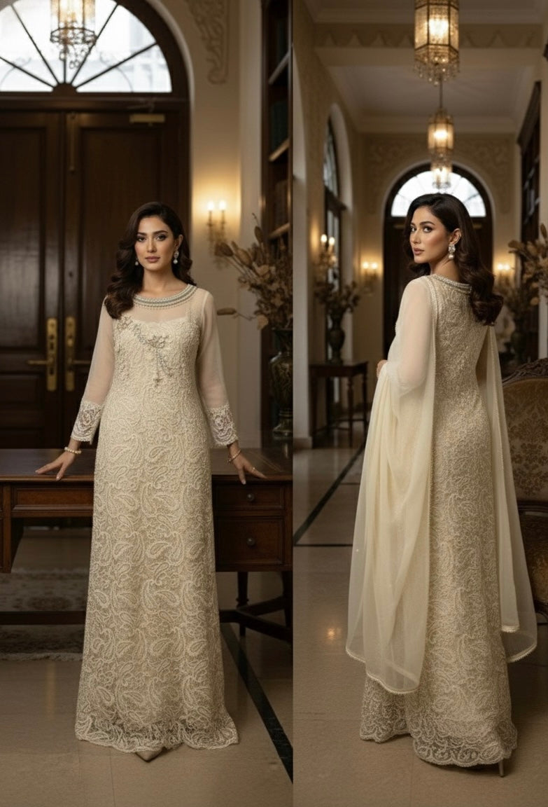 Elegant Ivory Embellished Sharara Ensemble